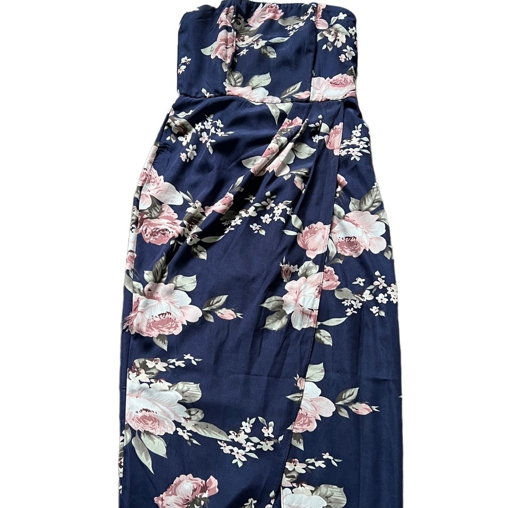 SHOWPO NAVY BLUE FLORAL “TAKE IT FROM THE TOP” STRAPLESS MAXI DRESS - Picture 6 of 14